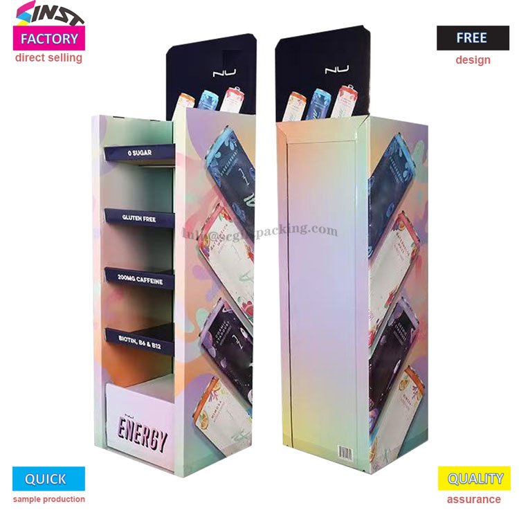 Utstillingsstativ for energidrikker: bruk av farger og informasjon for å sette 